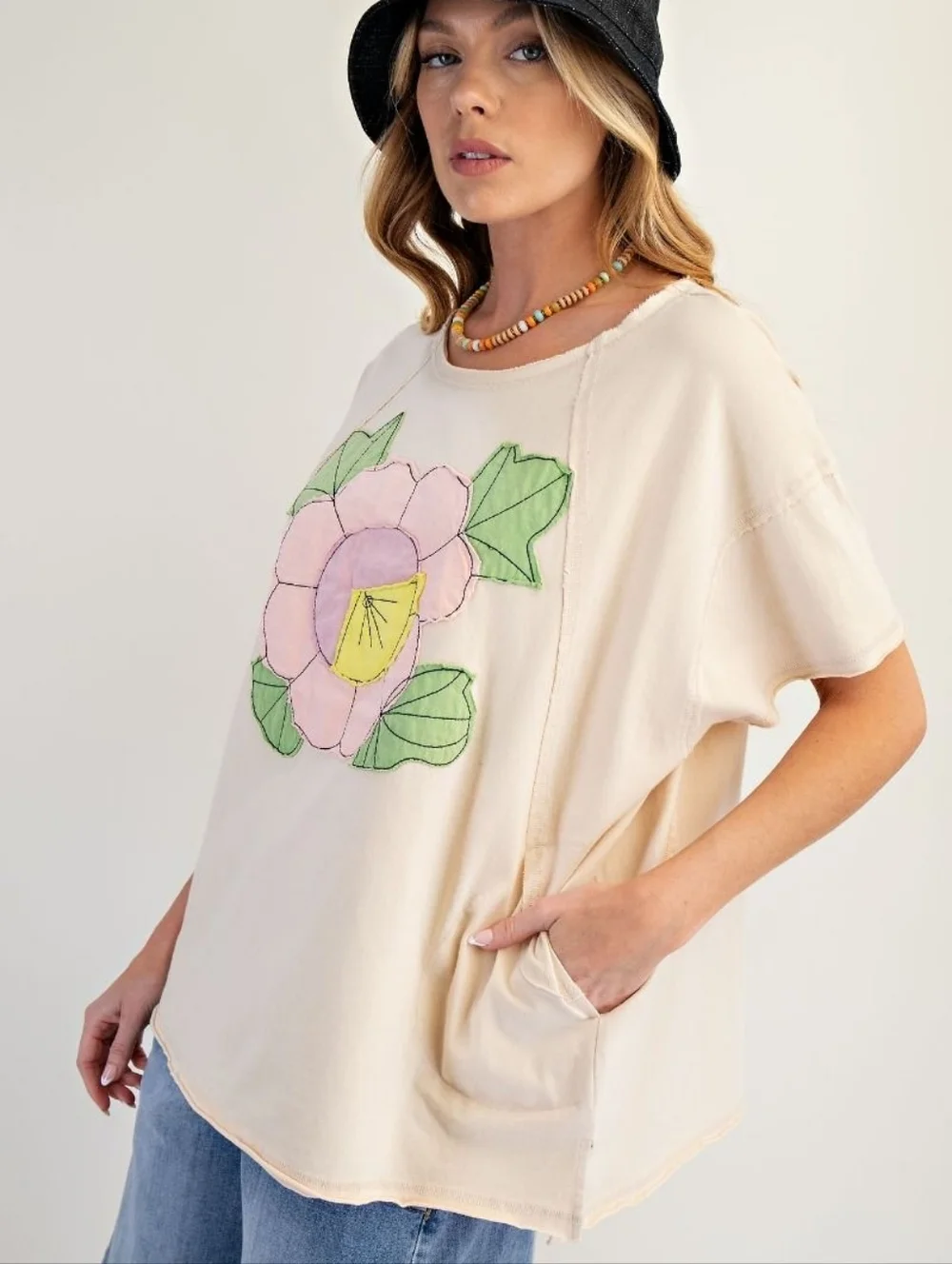 2-0411 EASEL flower Patch Cotton Mineral Washed Soft Top With Pockets Boutique - Picture 4 of 7
